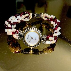 Elegant Burgundy and Pearl Bead Watch Bracelet